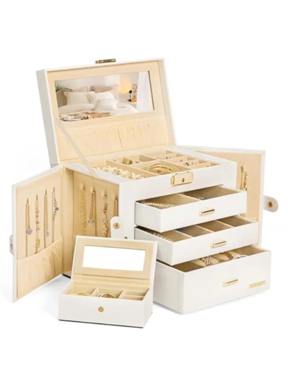 Jewelry Box Organizer With Mirror Lock Travel Case Necklace Ring Earring Storage